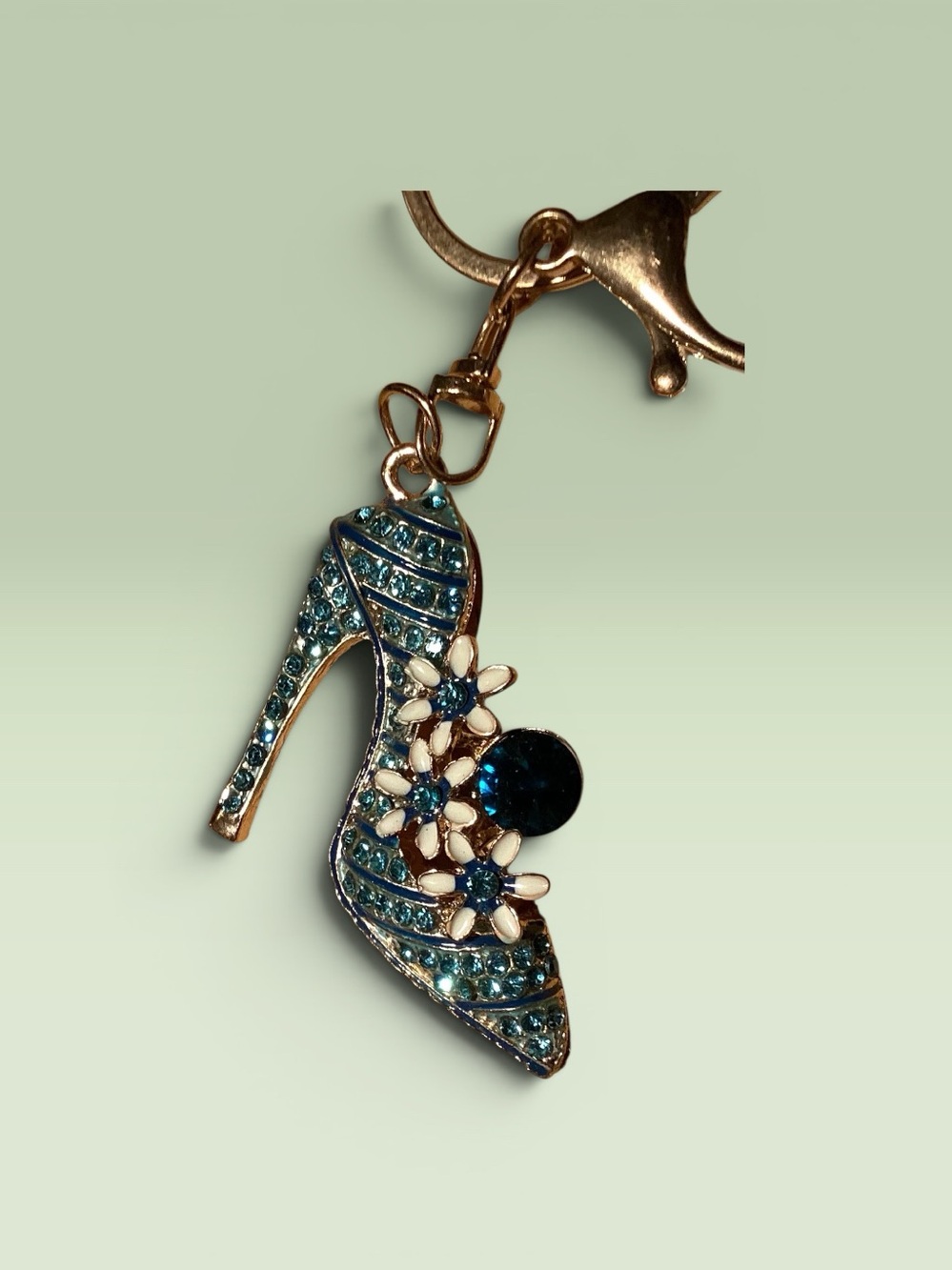 Glam Blue Rhinestone High Heel Key or Bag Charm with Flowers - Picture 1 of 8